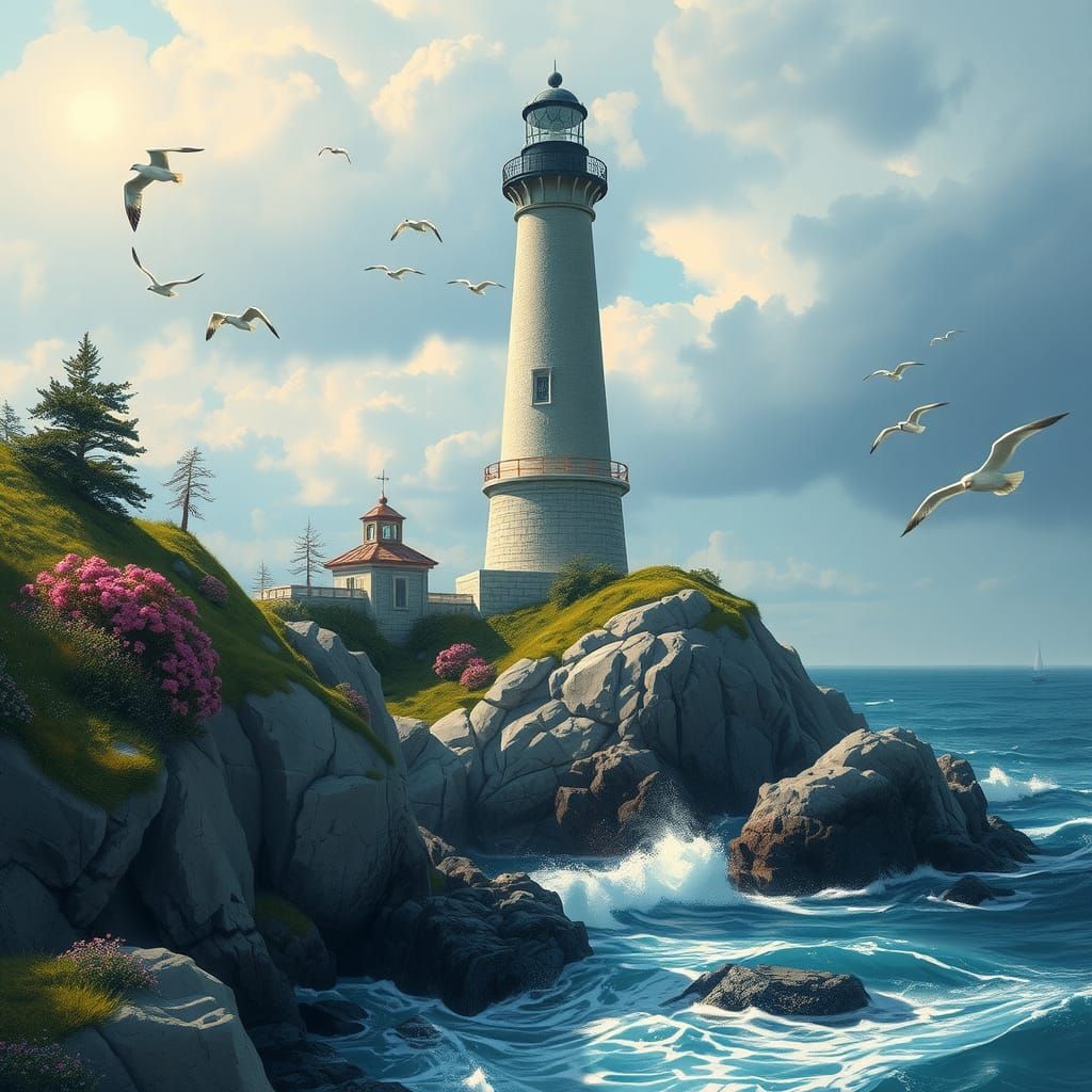 Coastal Lighthouse Scene in Whimsical Style