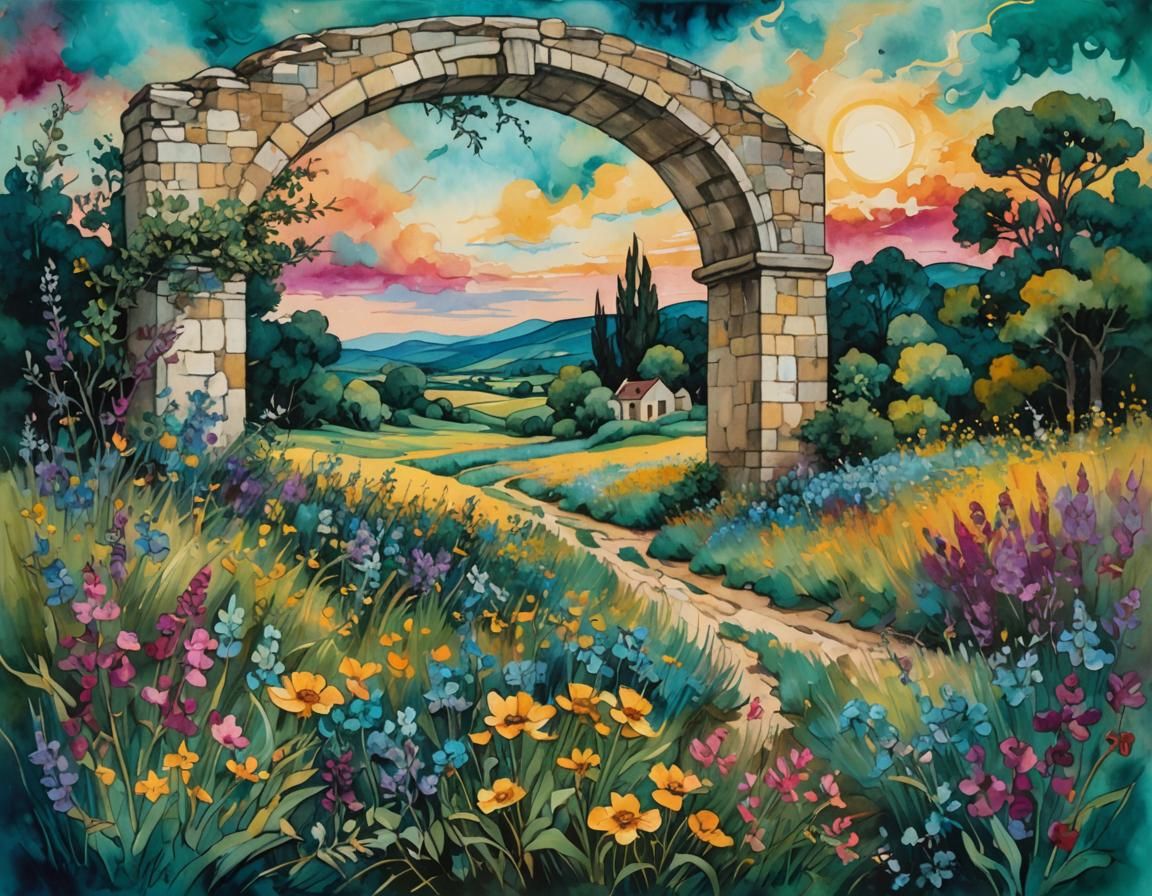 Wildflower Field Beneath Stone Archway: Impressionist Landsc...