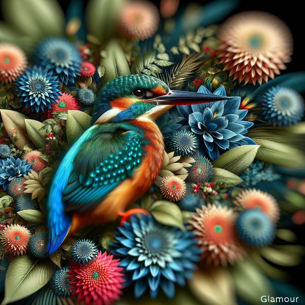 Kingfisher in Extravagant Floral Scene with Glamour Glow