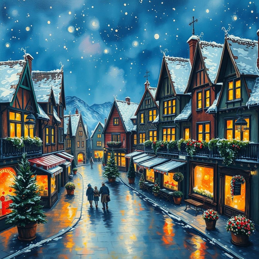 Snowy Town Square in Ethereal Neo-Impressionist Style