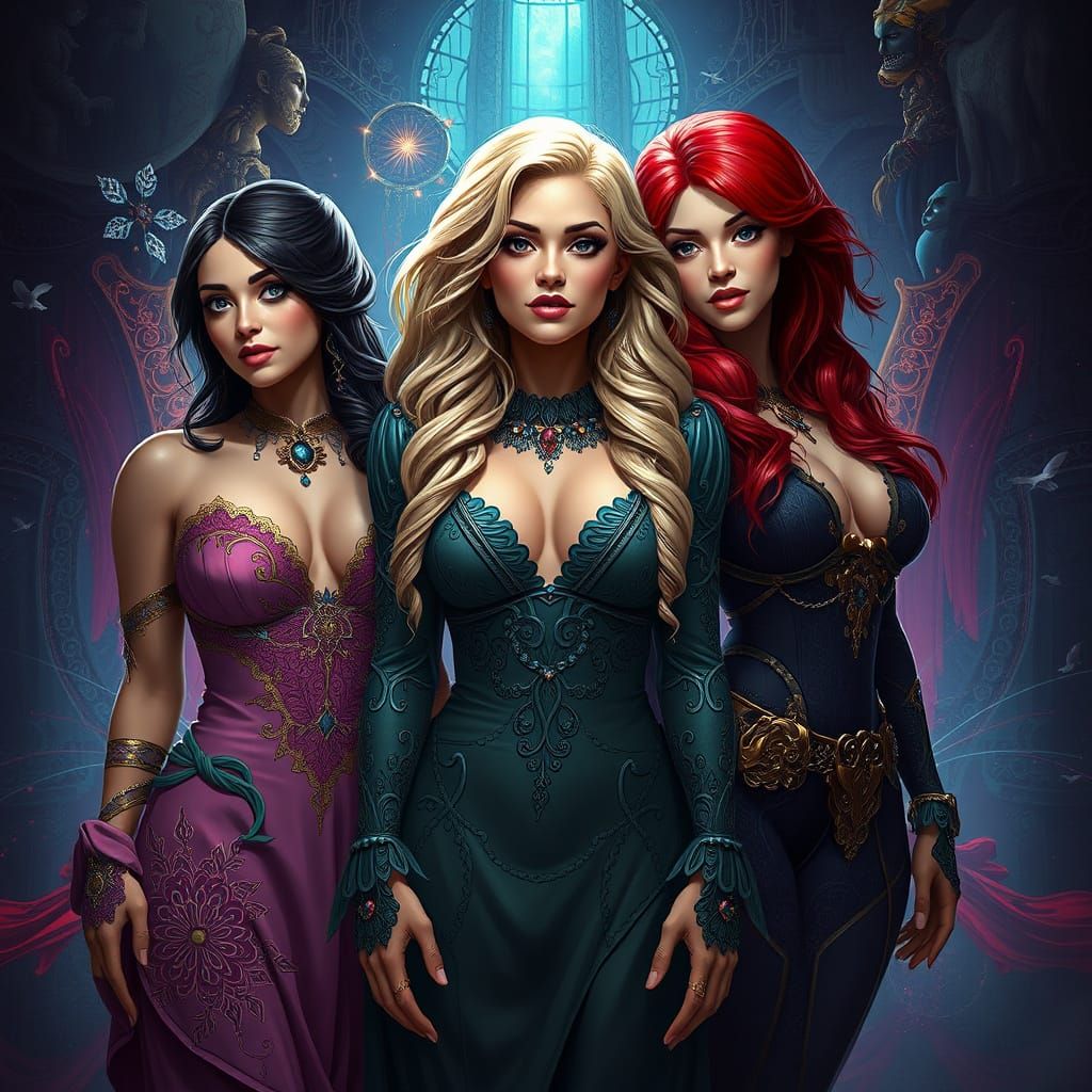 Fantastical Women in a Vibrant, Darkened Realm