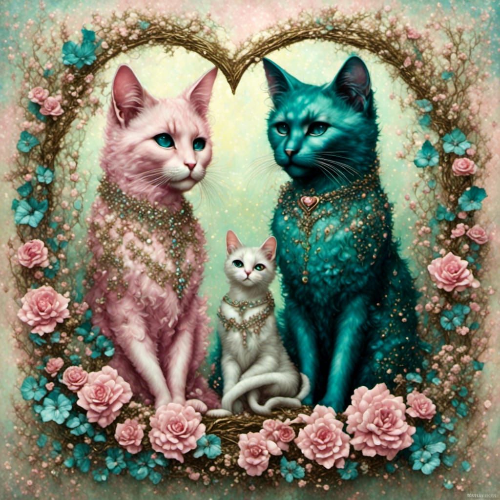 Two Cats in Love on Crackled Paper