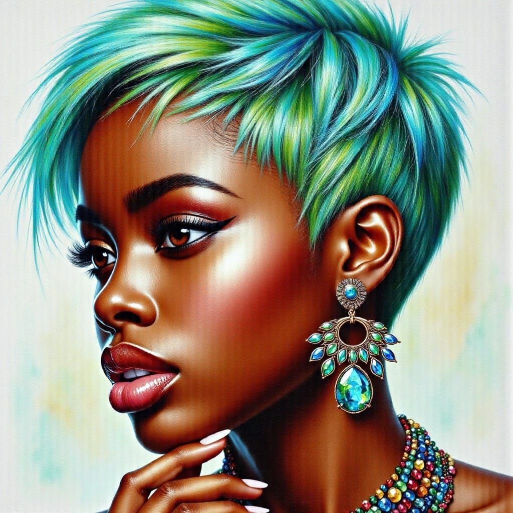 Neon Mint Haired African Woman with Crystal Jewelry
