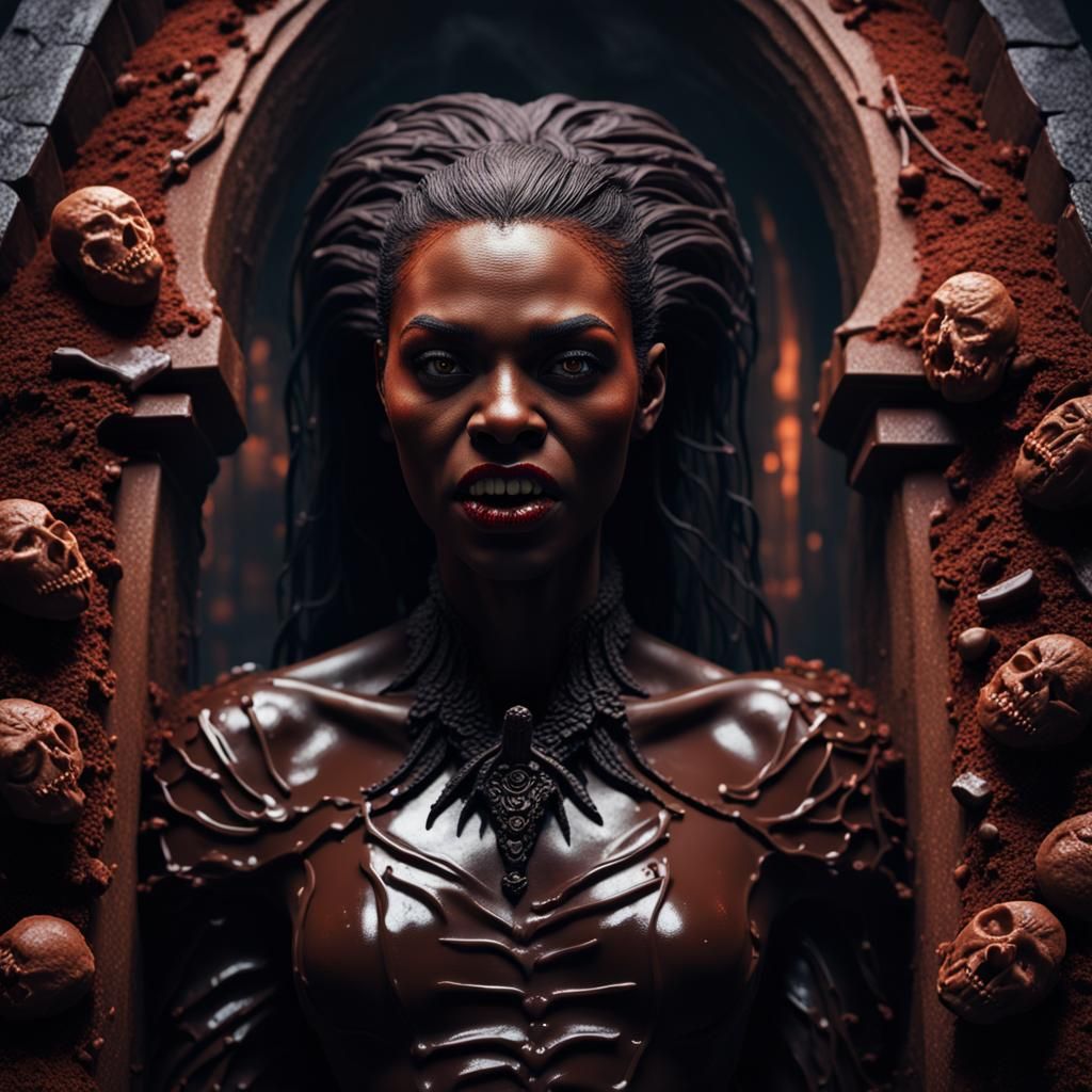 Black Vampire in Chocolate Cake Grave, Hyperrealistic