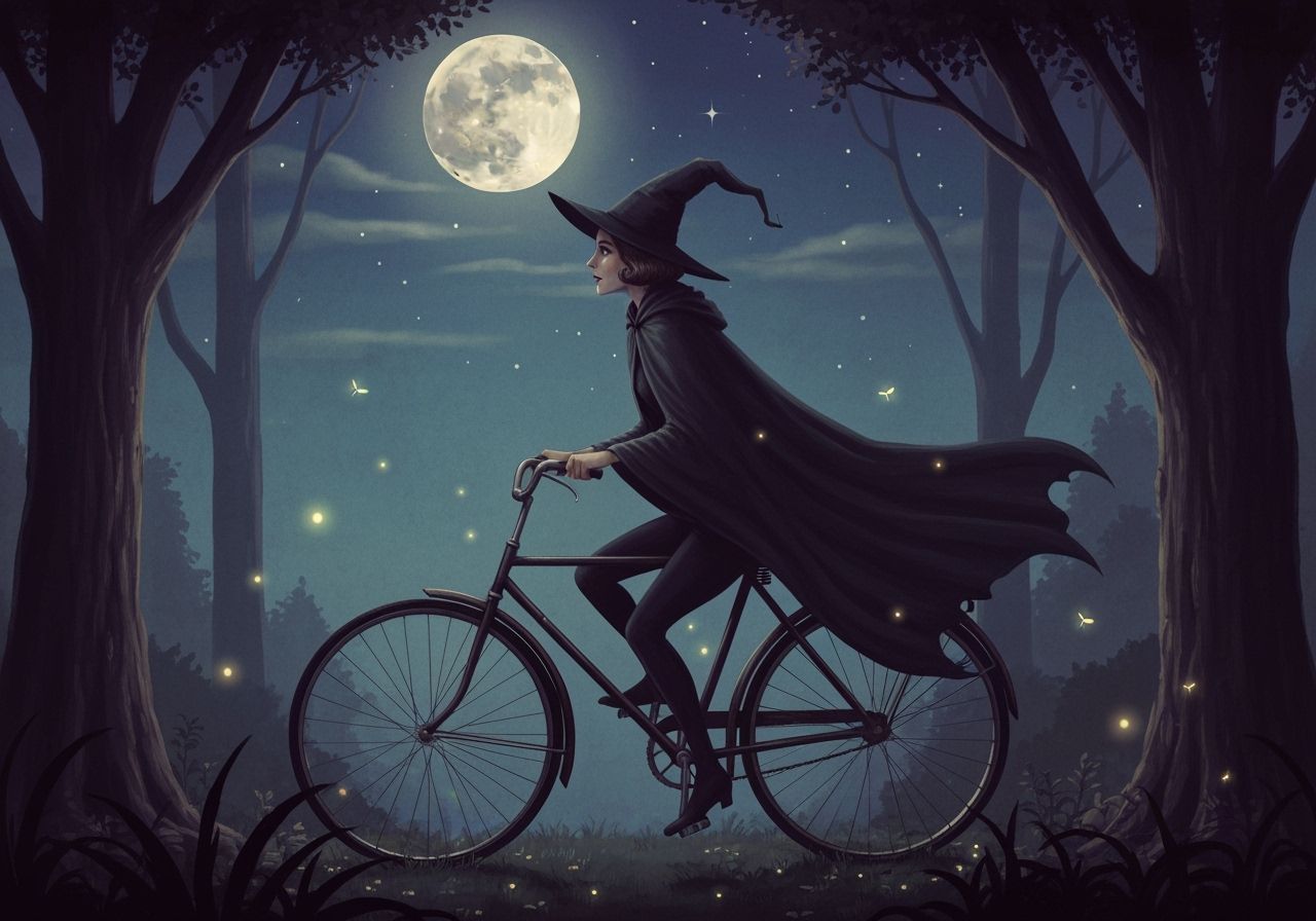 1920s Witch Rides Bicycle Through Moonlit Forest