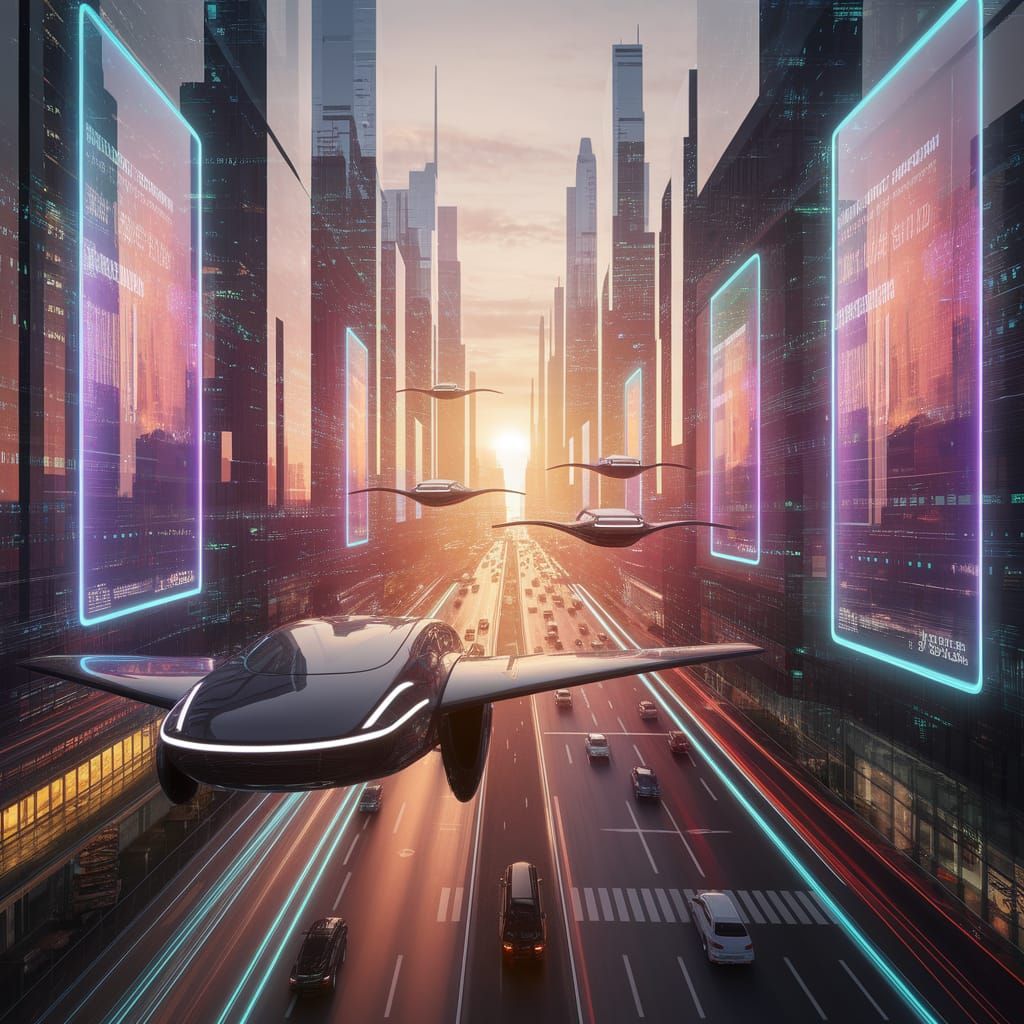 Futuristic Cityscape with Flying Cars at Sunset