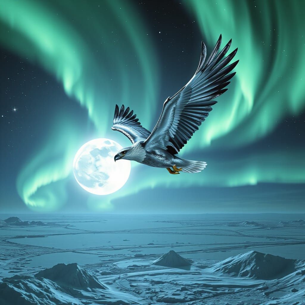 Chrome Eagle Soaring Under Arctic Aurora