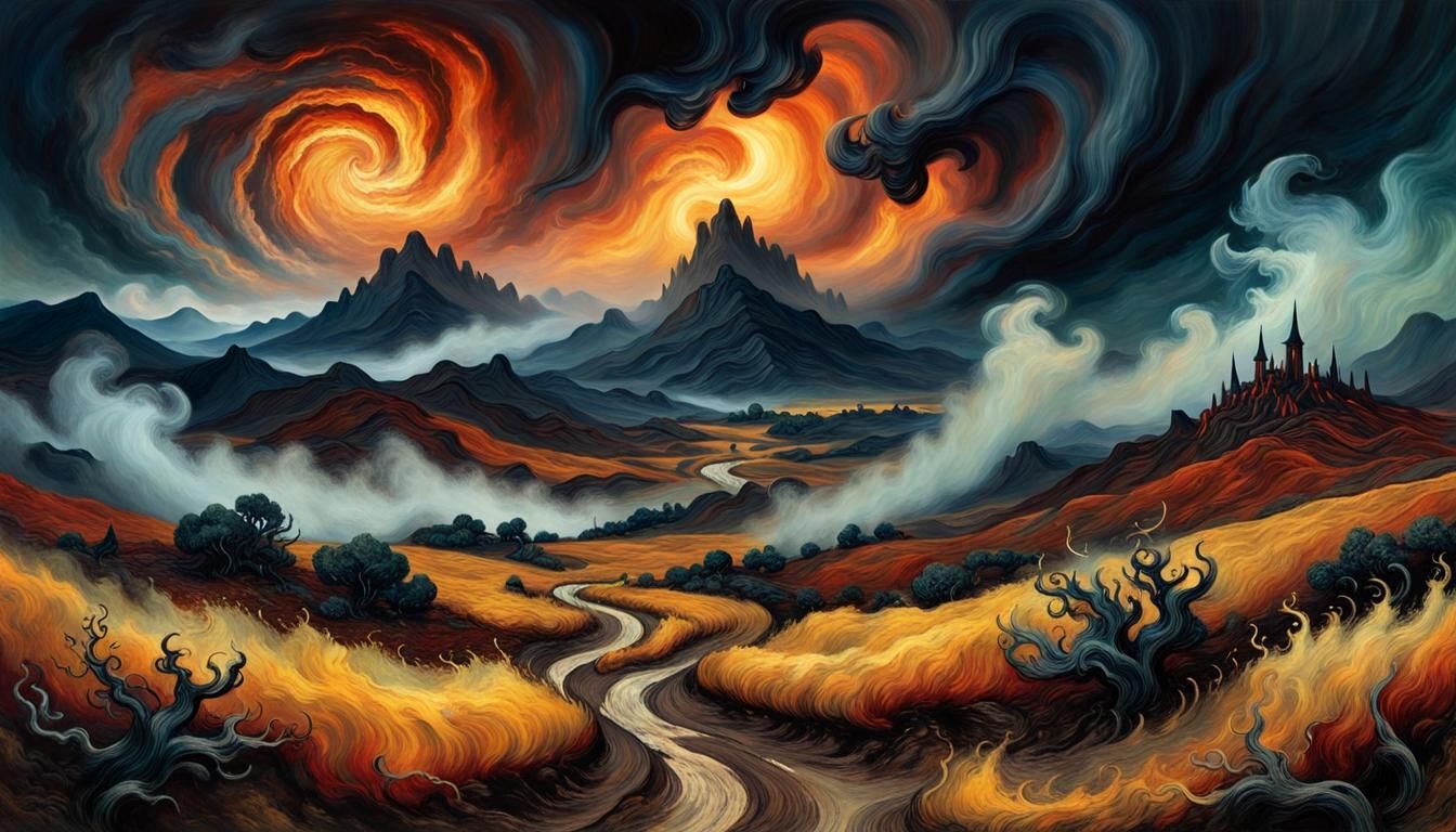 Fiery Vortex Over Mystical Landscape as Impasto Painting