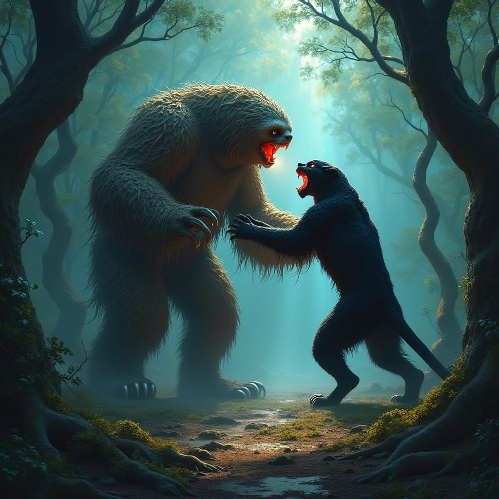 Eerie Sloth Battles Blood-Soaked Black Panther in Mystical F...