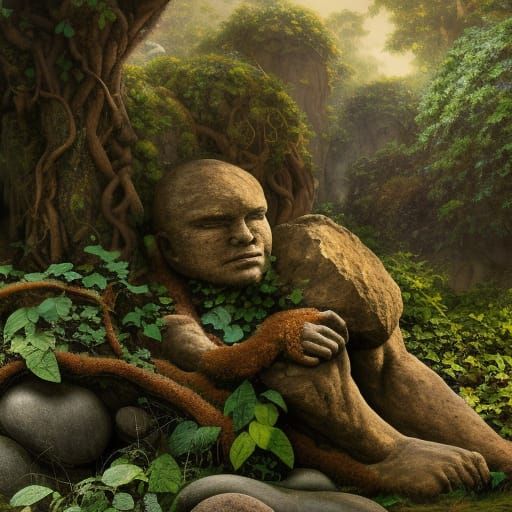 Stone Golem in Overgrown Orchard, Detailed Matte Painting