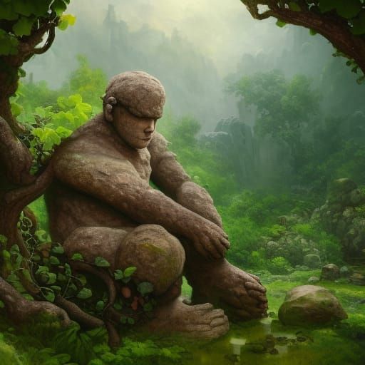 Stone Golem Portrait in Overgrown Orchard
