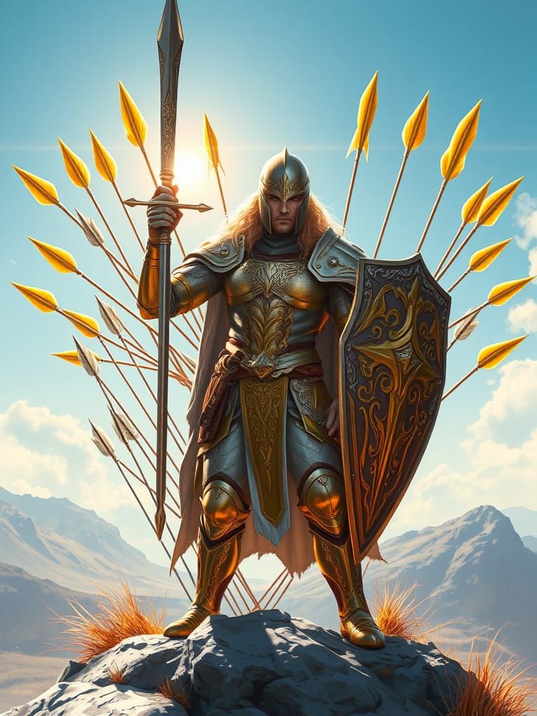 Golden Armored Warrior on Mountaintop, Matte Painting