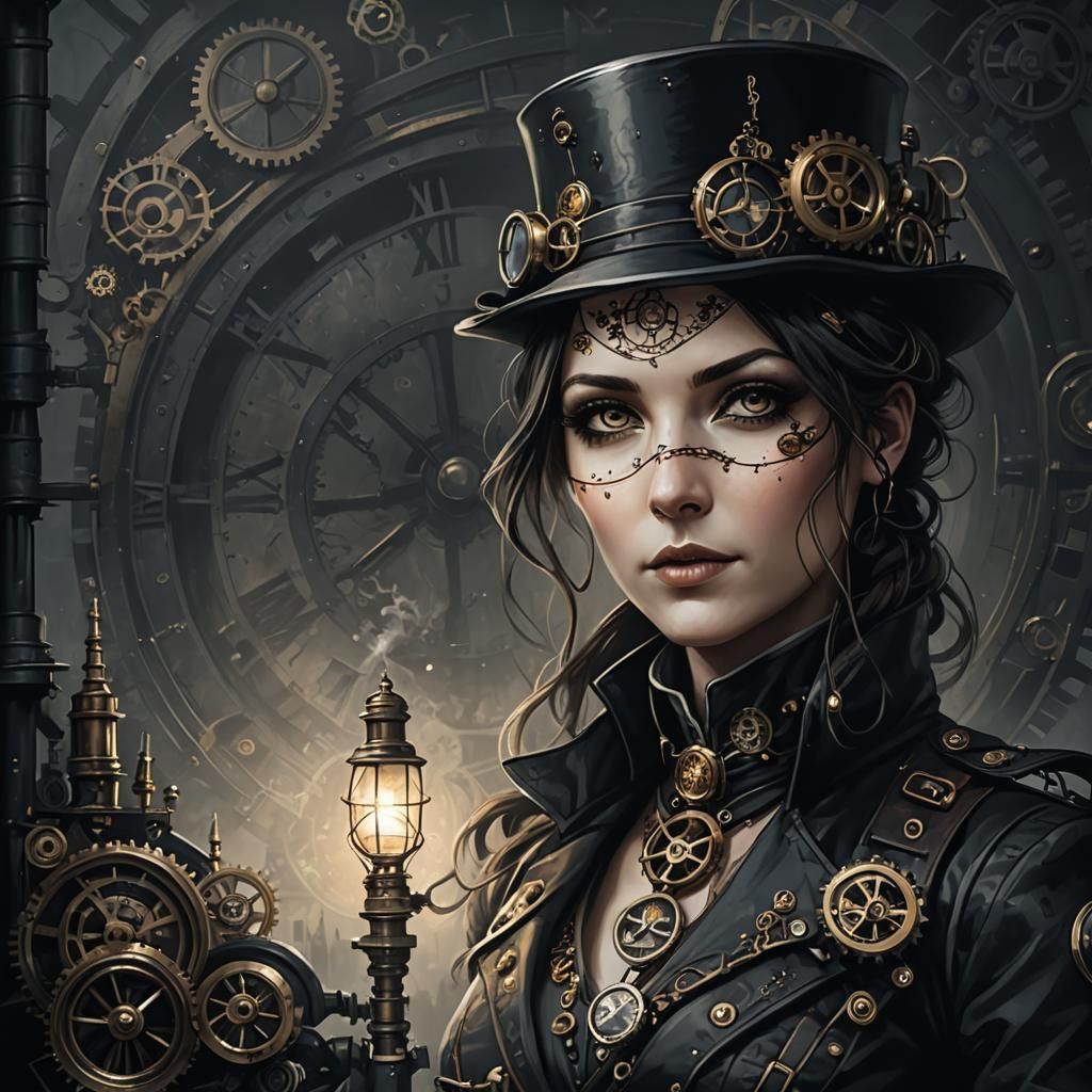 Monochrome Steampunk Landscape in Ink Painting Style