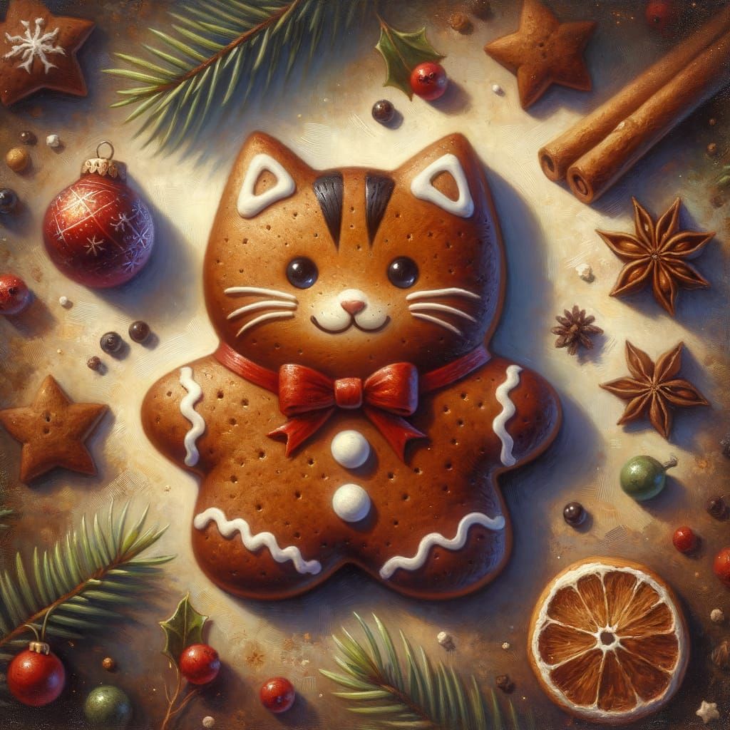 Romantic Gingerbread Cat in Impressionist Christmas Papier-M...