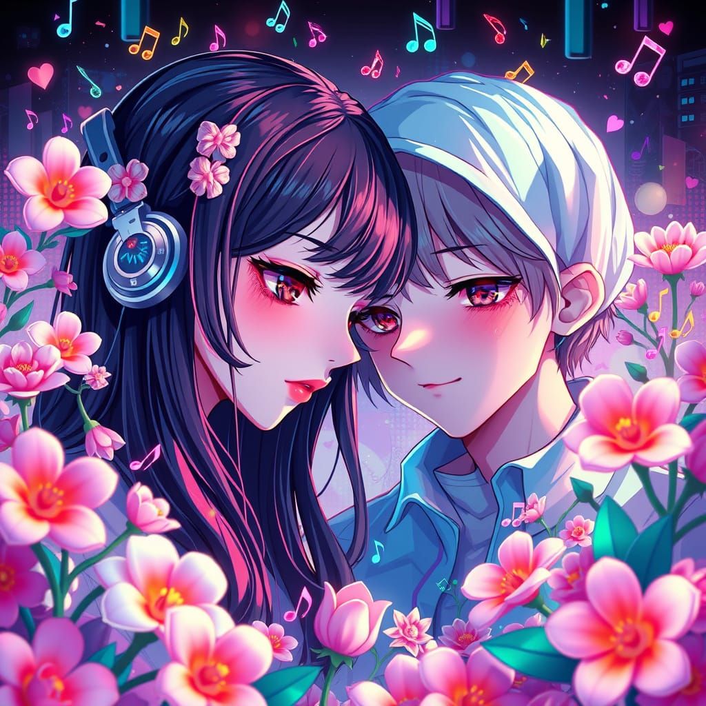 Anime Heads in Glitchcore Style with Flowers