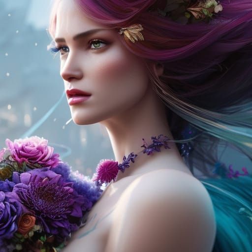 Gorgeous Woman with Purple Flowers: Digital Portrait