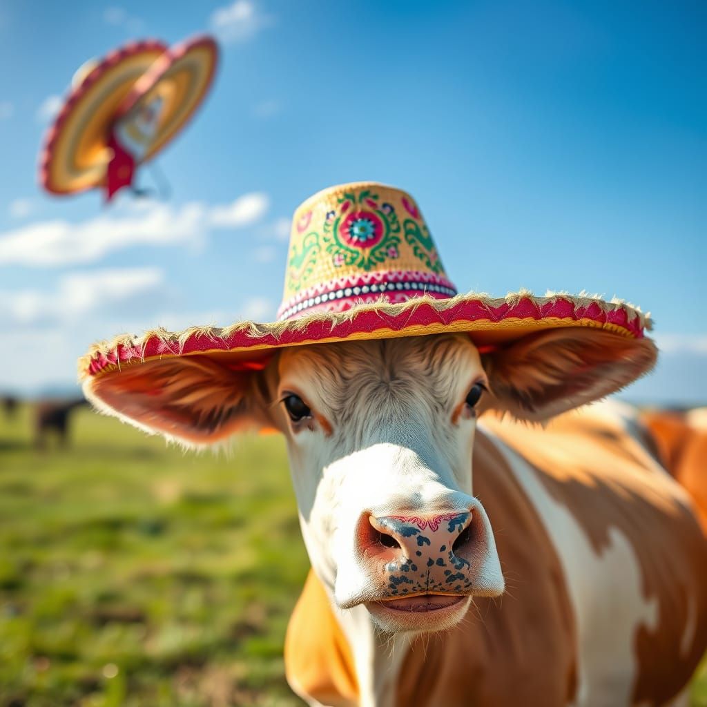 Cow Wearing a Sombrero in Colorful Image