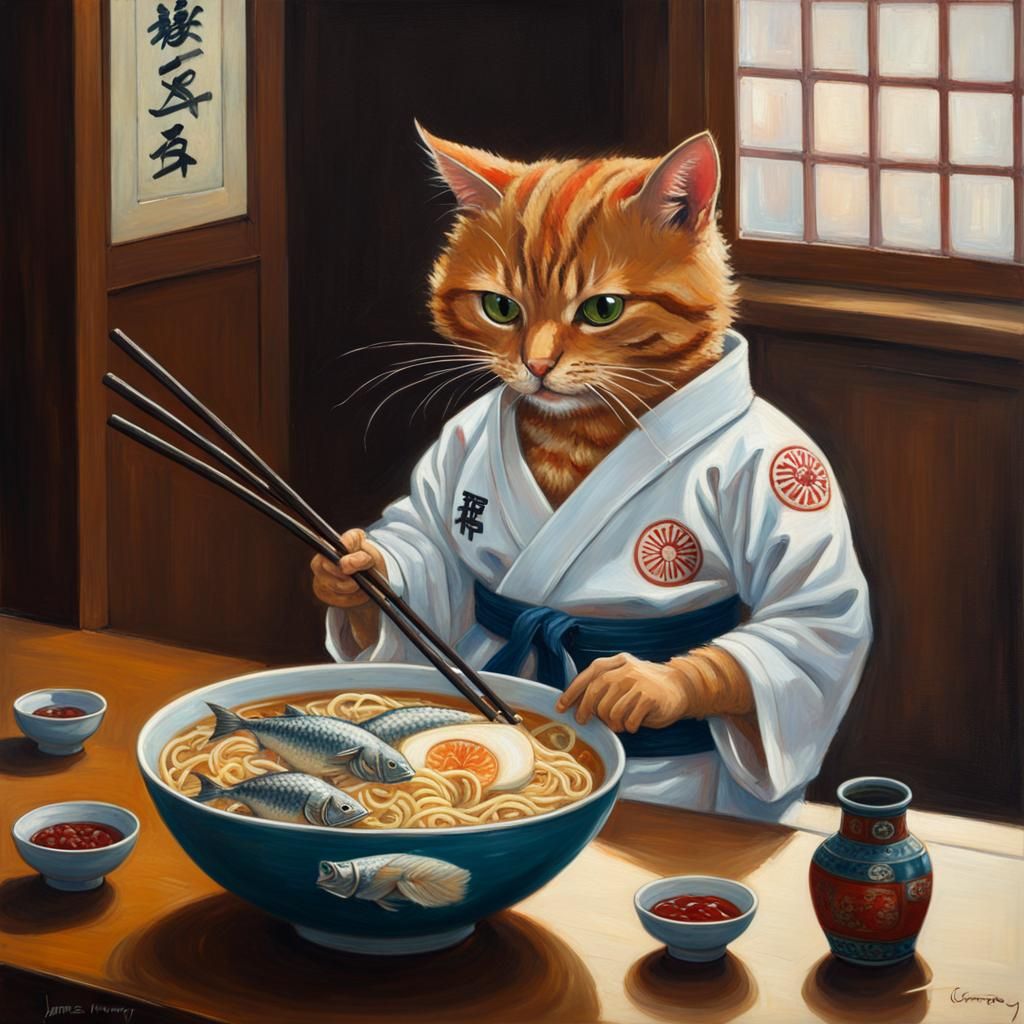 Karate Cat Eats Ramen: An Oil Painting