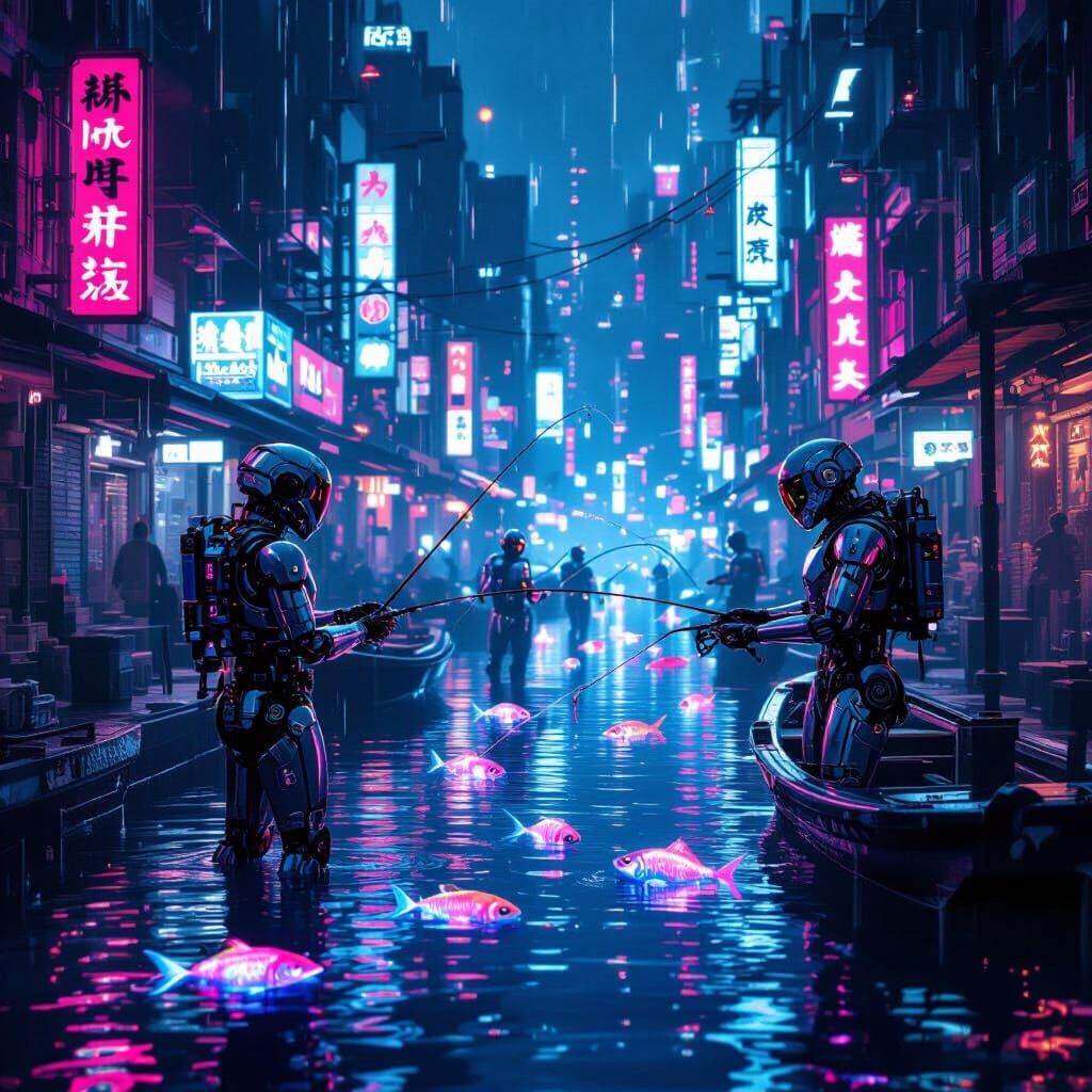 Cyberpunk Robotic Fishermen in Neon Canals