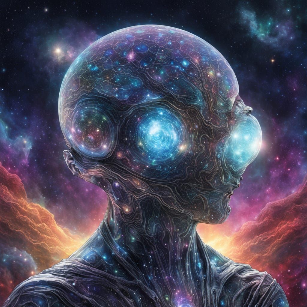 Chrome Alien Meditating in Nebula as Digital Art
