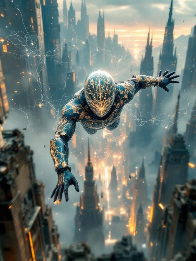 Faceless Hero Flies Above Dystopian Cityscape