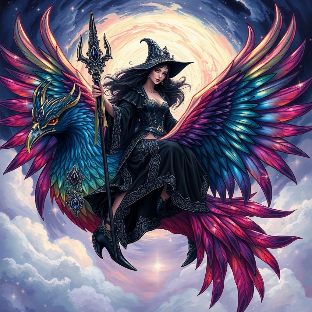 Sorceress Rides Multicolored Phoenix in Fantasy Art