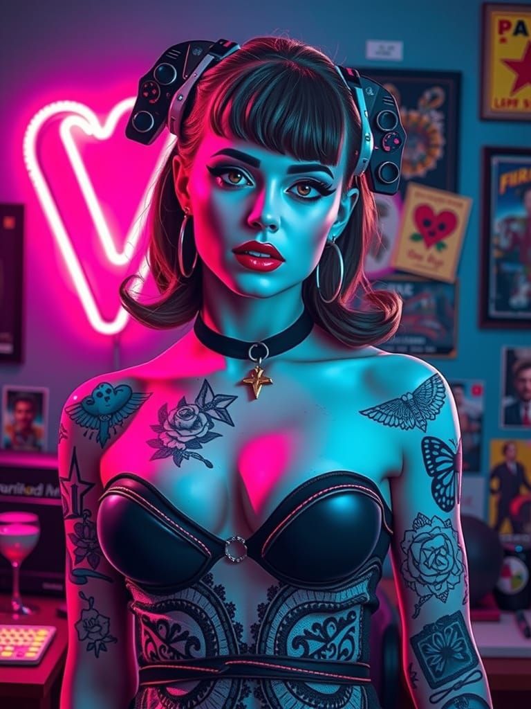 Cyberpunk Pinup Girl With Heart Tattoo, Neon Colors