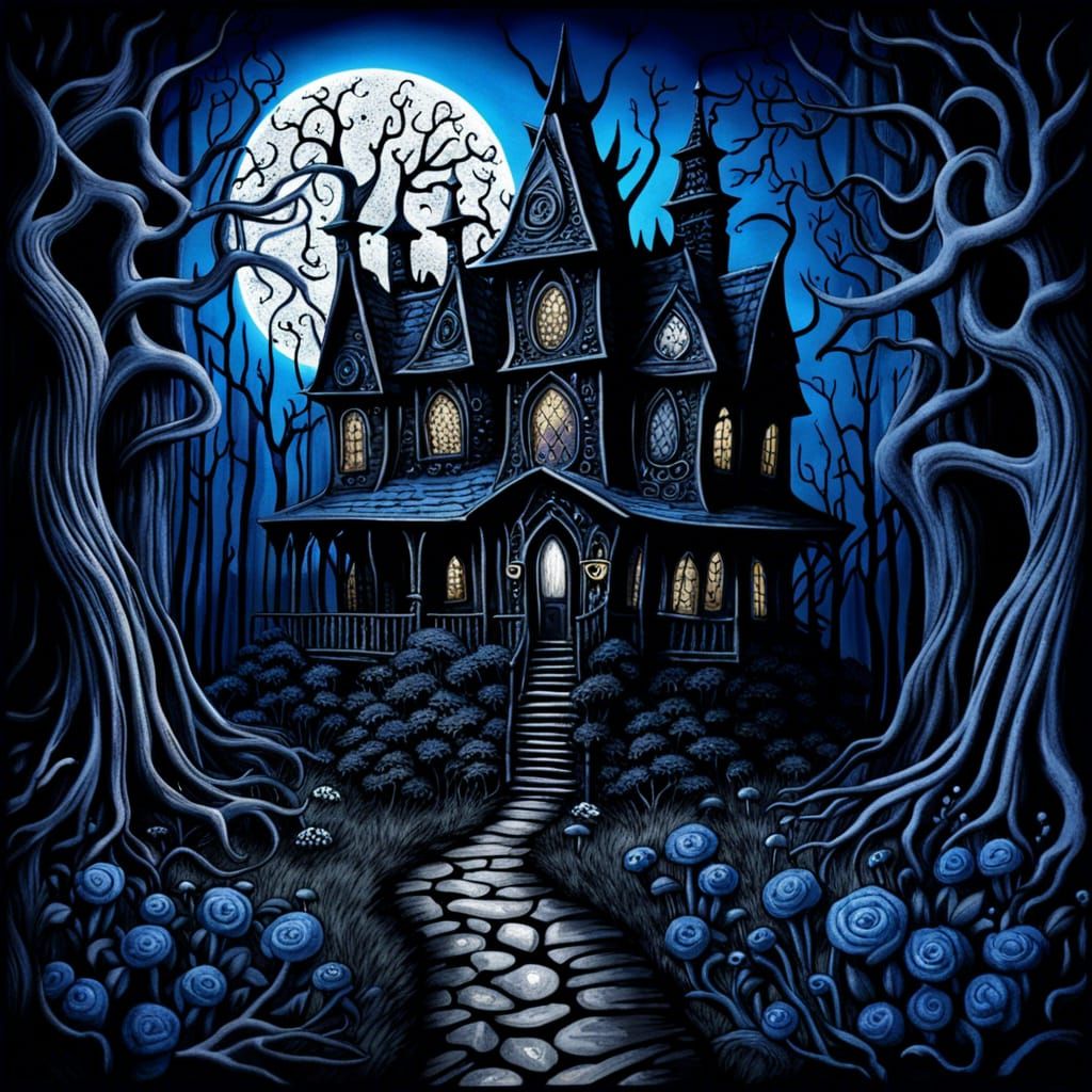 Eldritch Gothic Manor in Dark Forest, Tim Burton Style