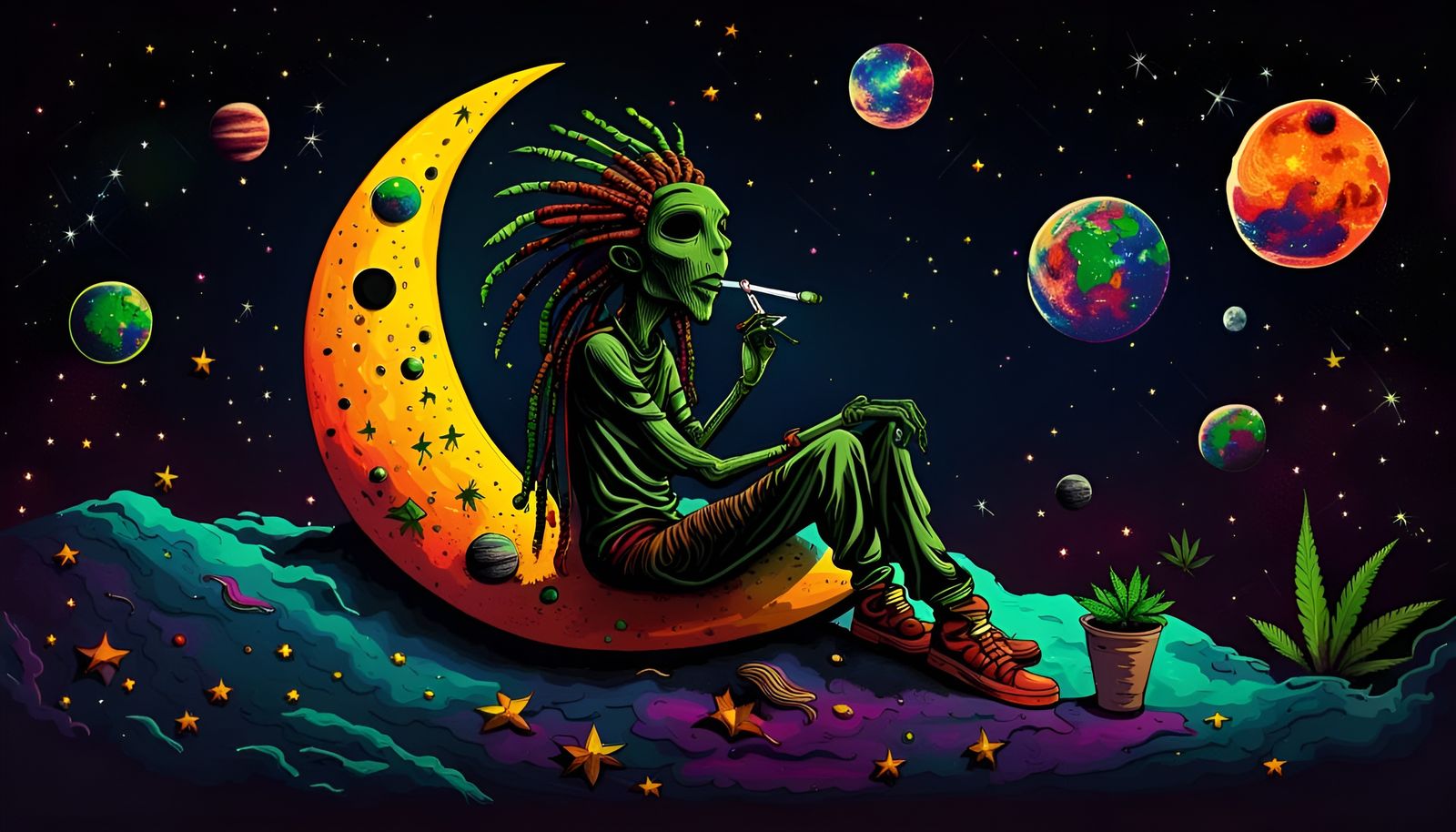 Rasta Alien Smokes on the Moon: Anime Style