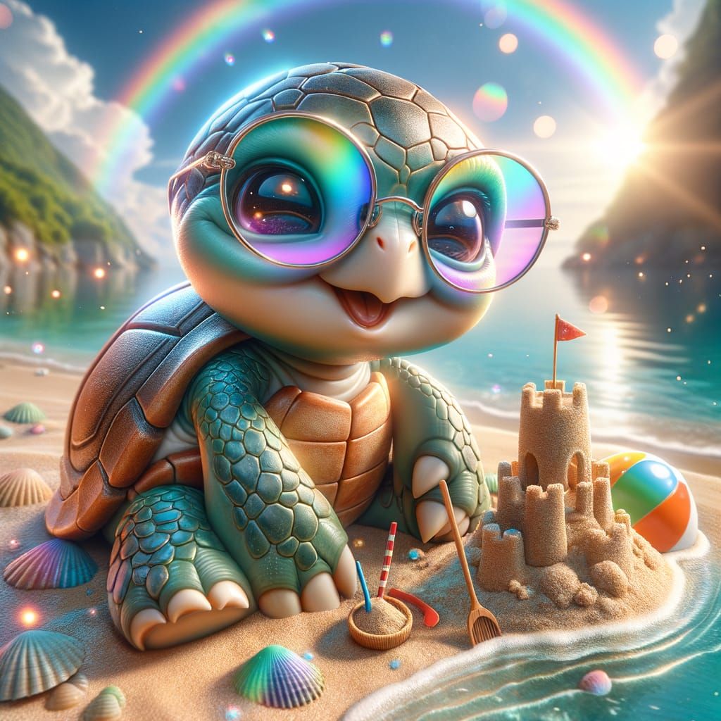 Turtle in Sunglasses Builds Sandcastle on Beach