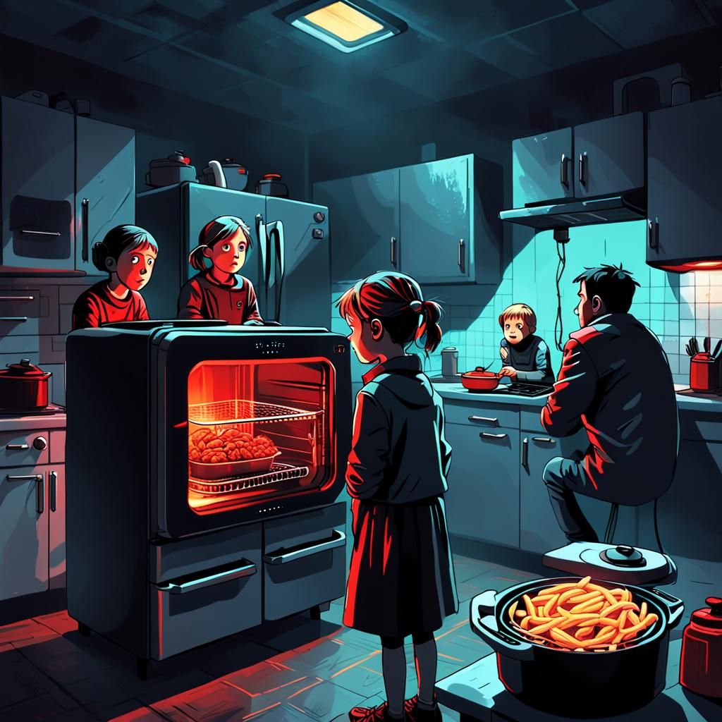 Dystopian Family Air Fryer Illustration in Dark Futurism