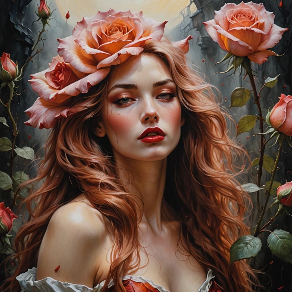 Surreal Torso Emerges from Rose, Oil Painting