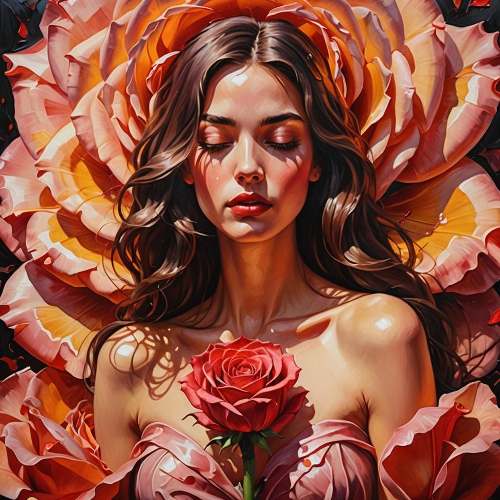 Woman Emerges from Rose in Fauvist Oil Painting