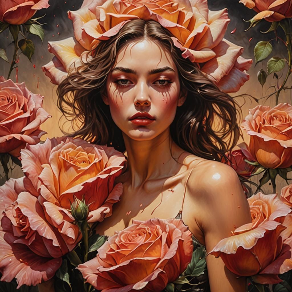 Woman Emerges from Rose: Surreal Oil Painting