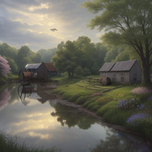 Bucolic Watermill Scene in Anime Style