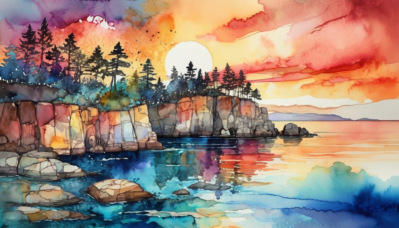 Colorful Sunset Seascape in Watercolor and Alcohol Ink