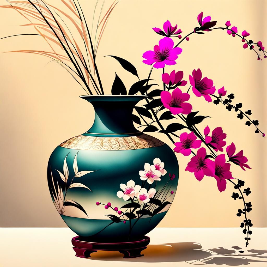 Ikebana Arrangement Still Life in Sumi-e Style