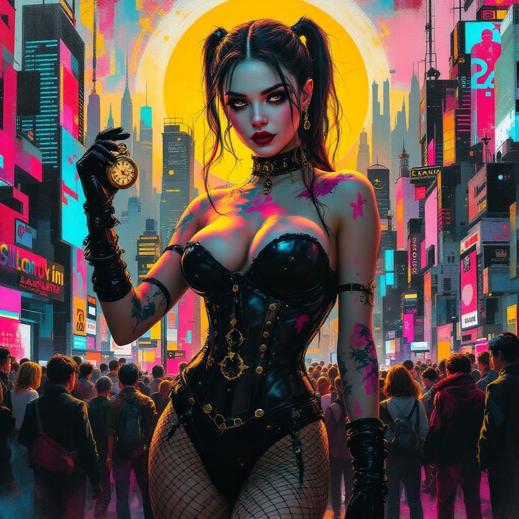 Enchanted Metropolis Queen in Cyberpunk Style