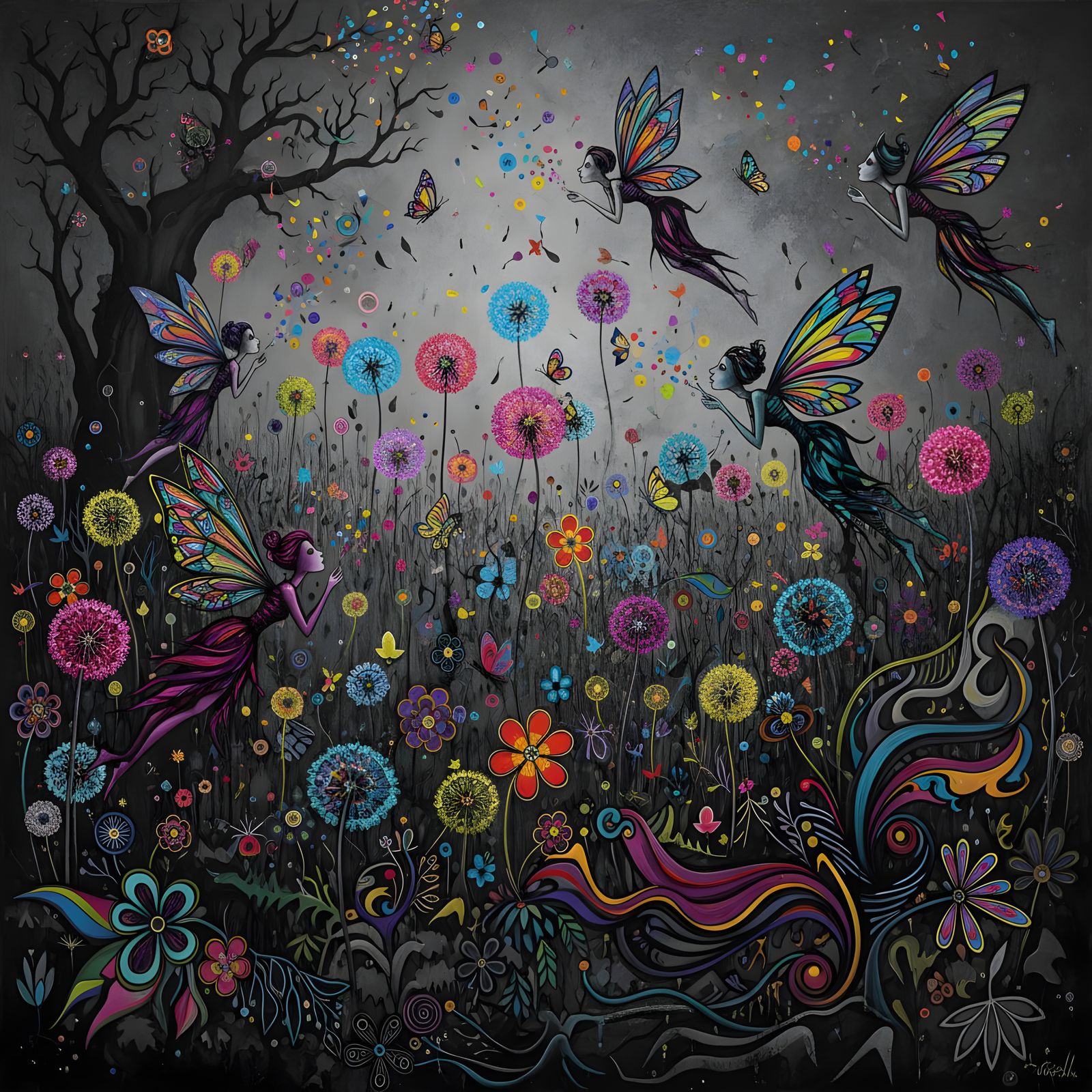 Winged Fairies in Dandelion Dreamscape, Abstract Art