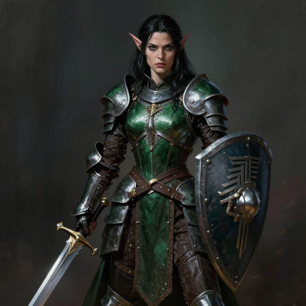 Tiefling Knight in Dark Green Armor with Sword and Shield