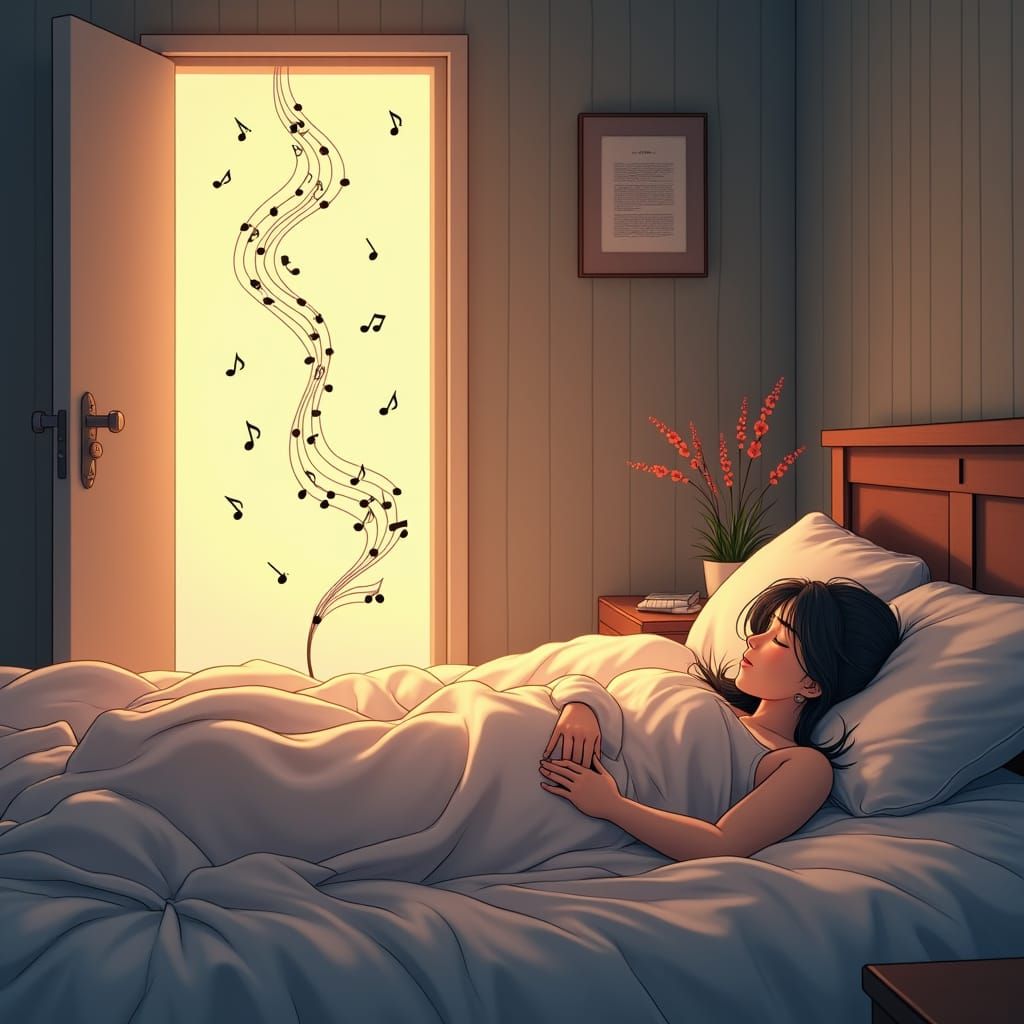 Woman Sleeping with Musical Notes, Anime Style