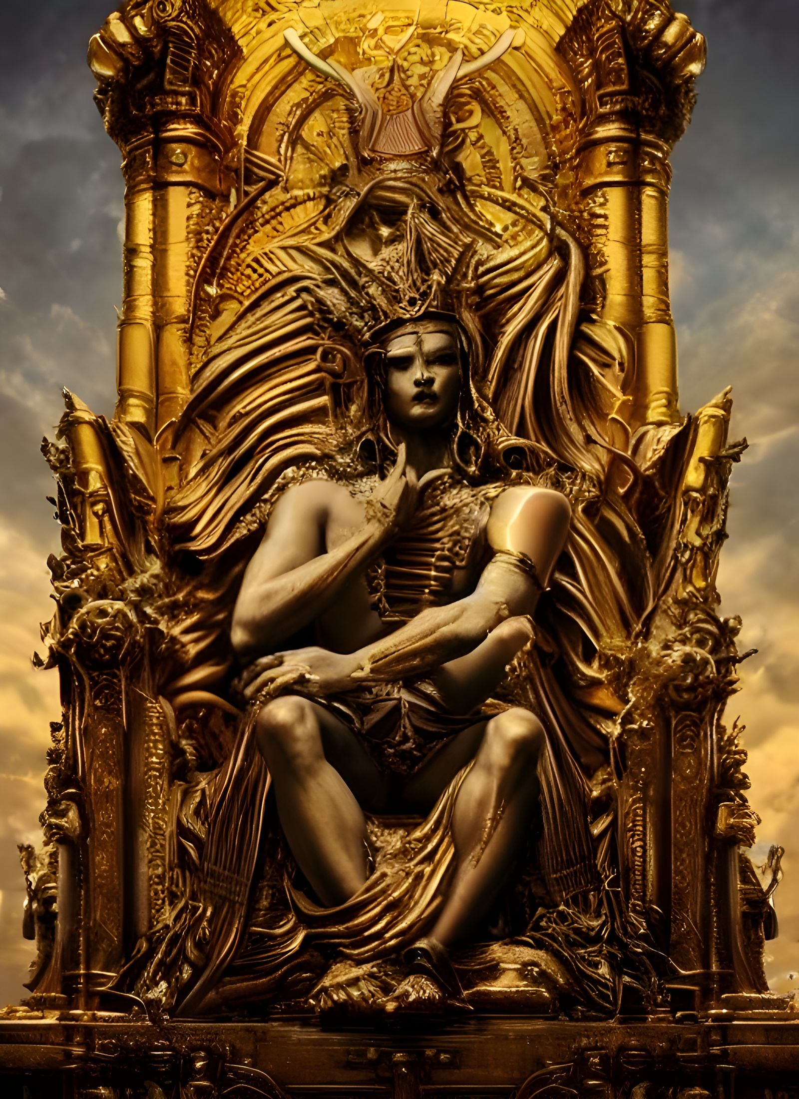 AI King Statue on Throne in Dystopian Landscape