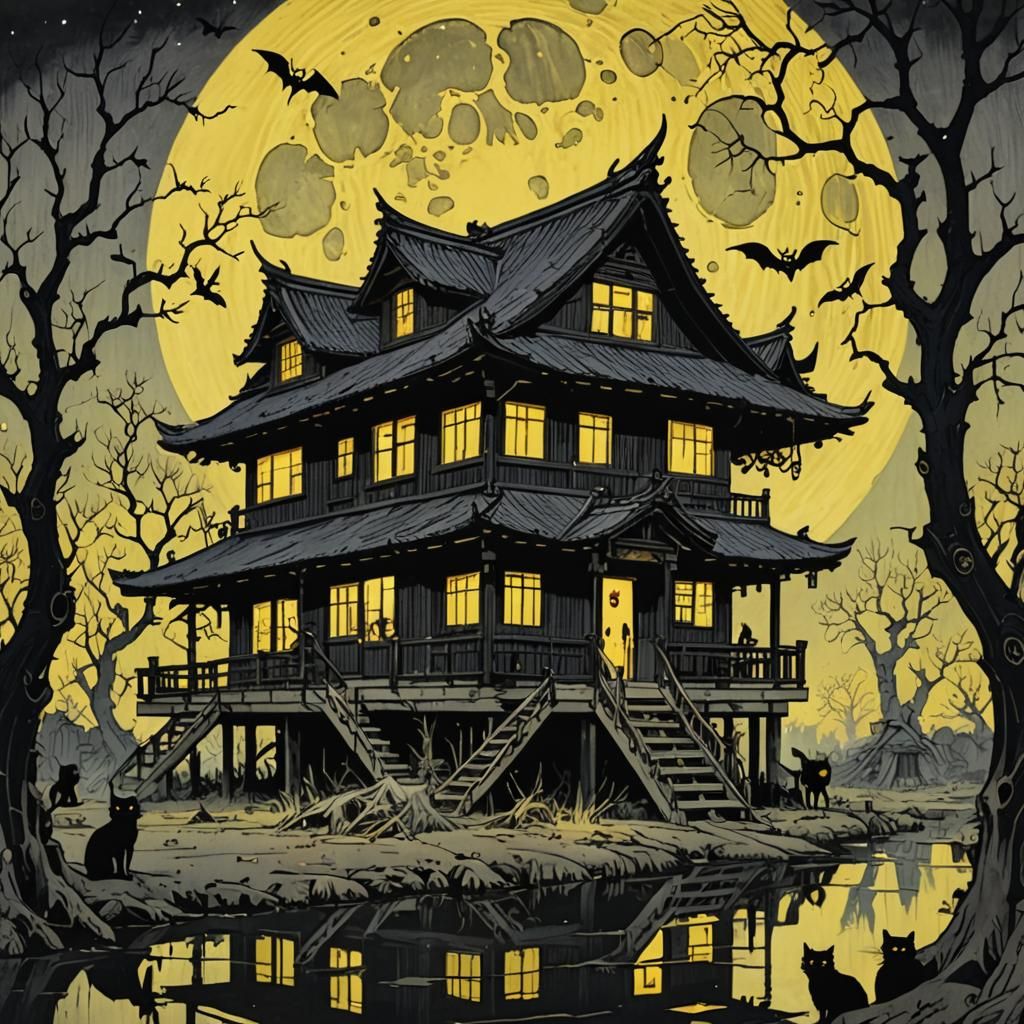 Witch's House in Swamp, Ukiyo-e Woodblock Print