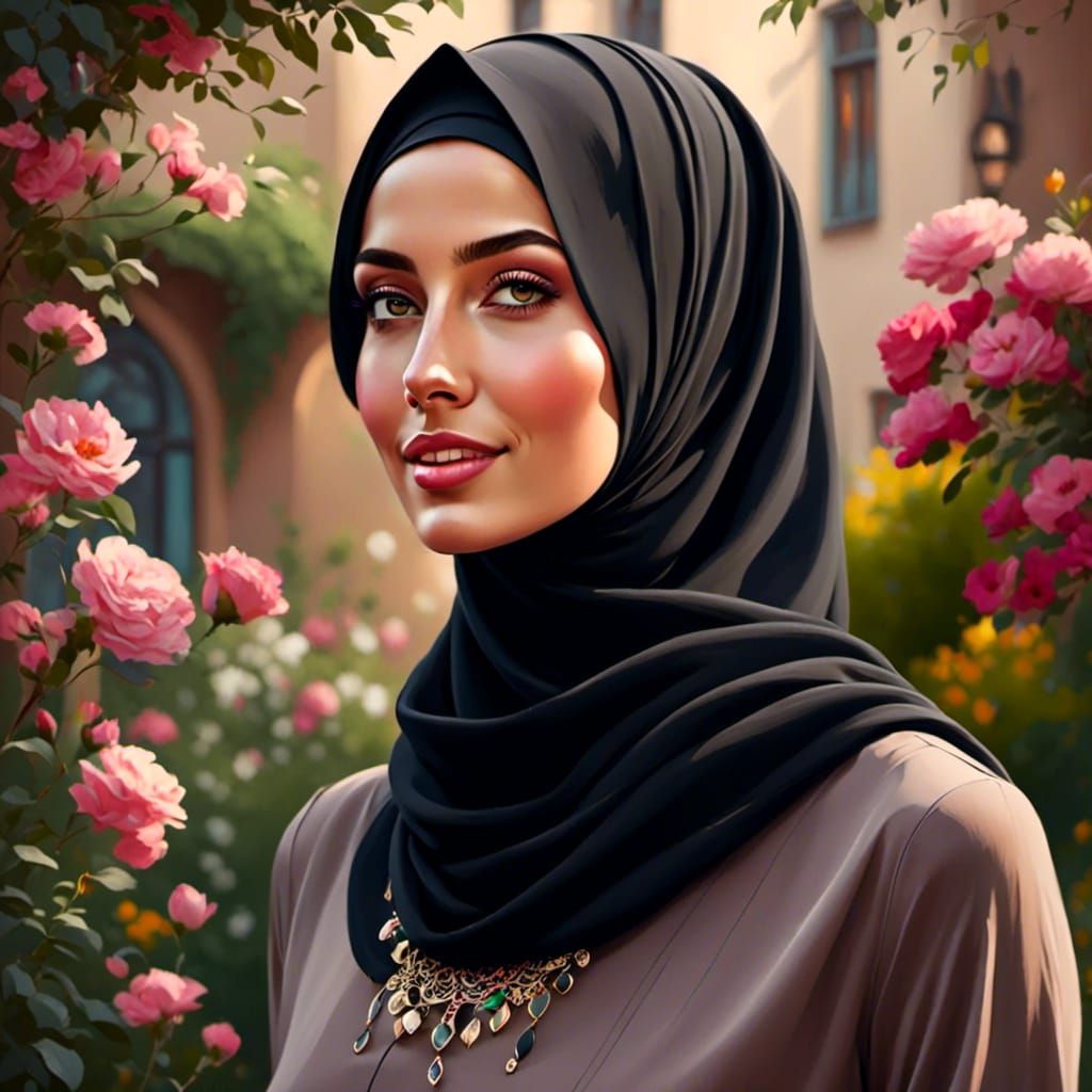 European Hijabi Woman Portrait in Oil Painting Style