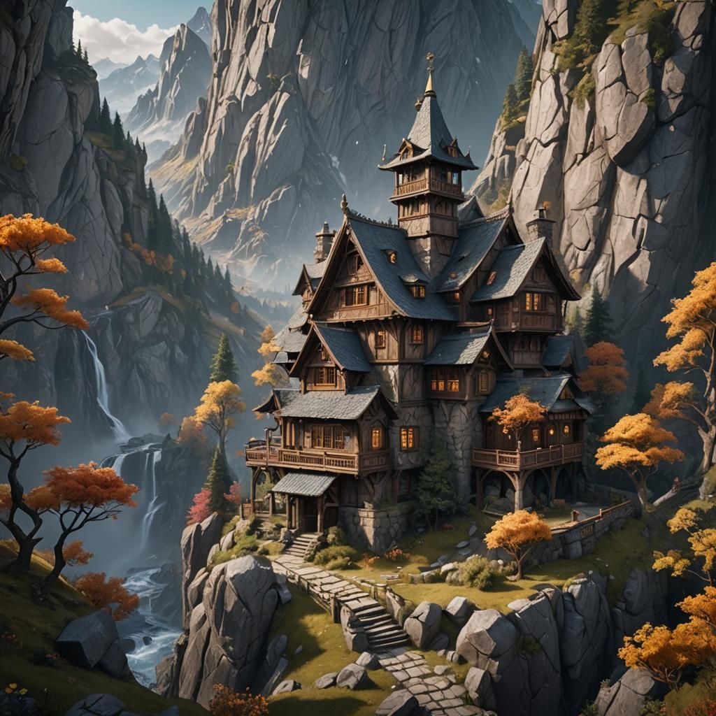 Mountain House in Detailed Matte Painting Style
