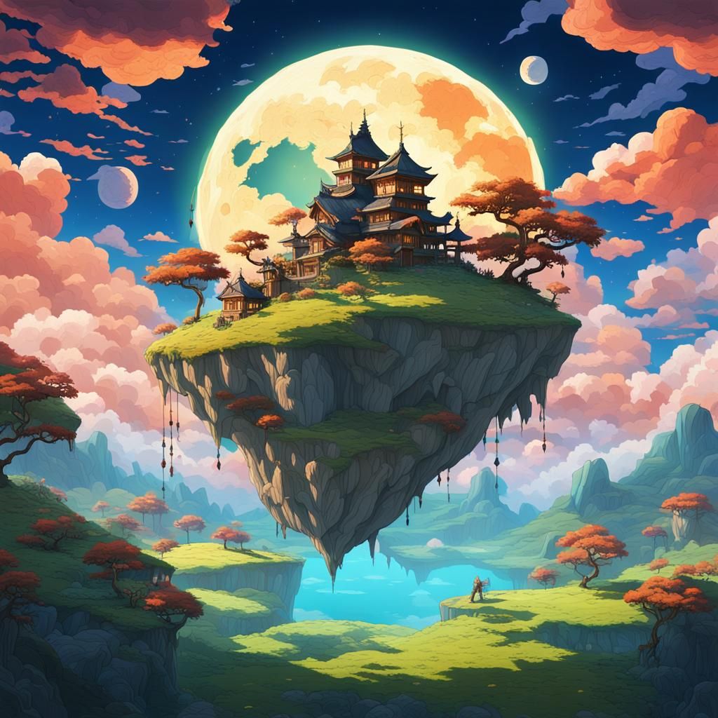 Surreal Floating Islands in Animated Style
