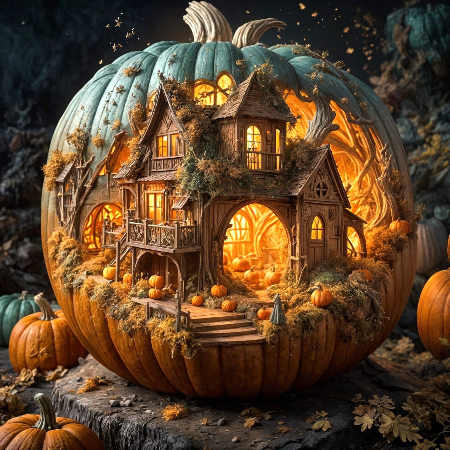 Intricate Village Inside Pumpkin Carving: Digital Illustrati...