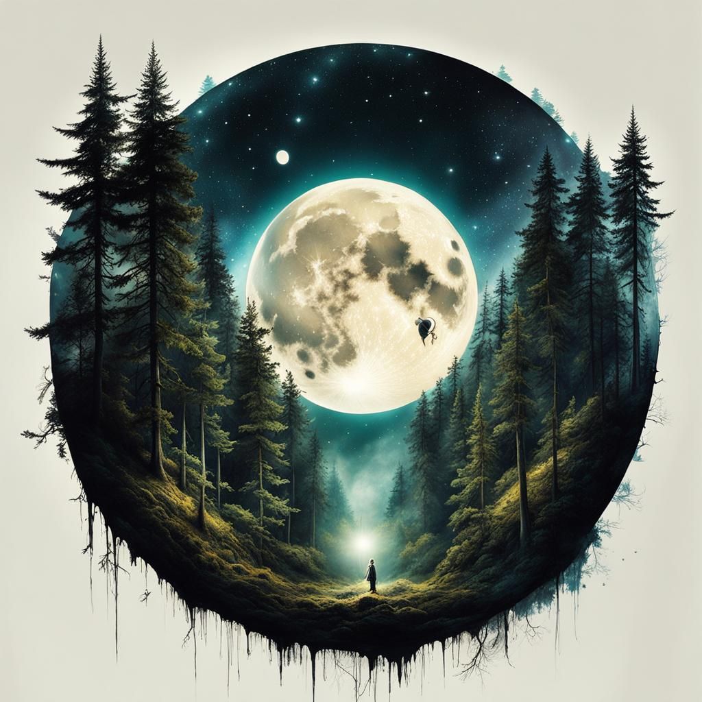 Surreal Forest Moon Double Exposure, Hyperrealistic Cosmic A...