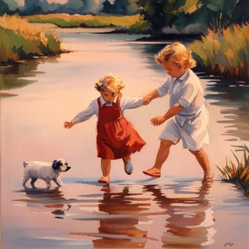 Toddler and Piglet Muddy Puddle Race: Gouache Style