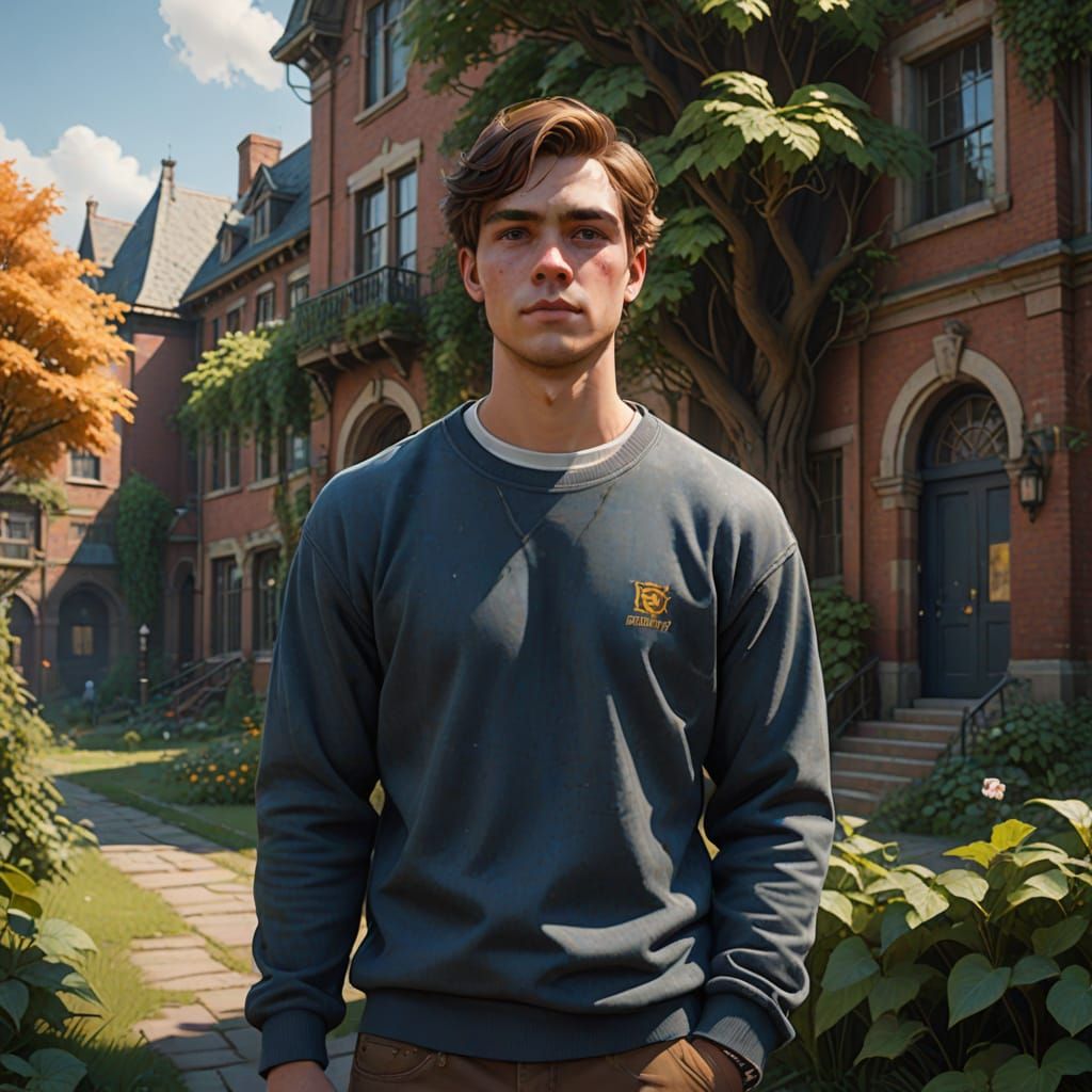 College Student in Vivid Campus Setting with Earthy, Magical...